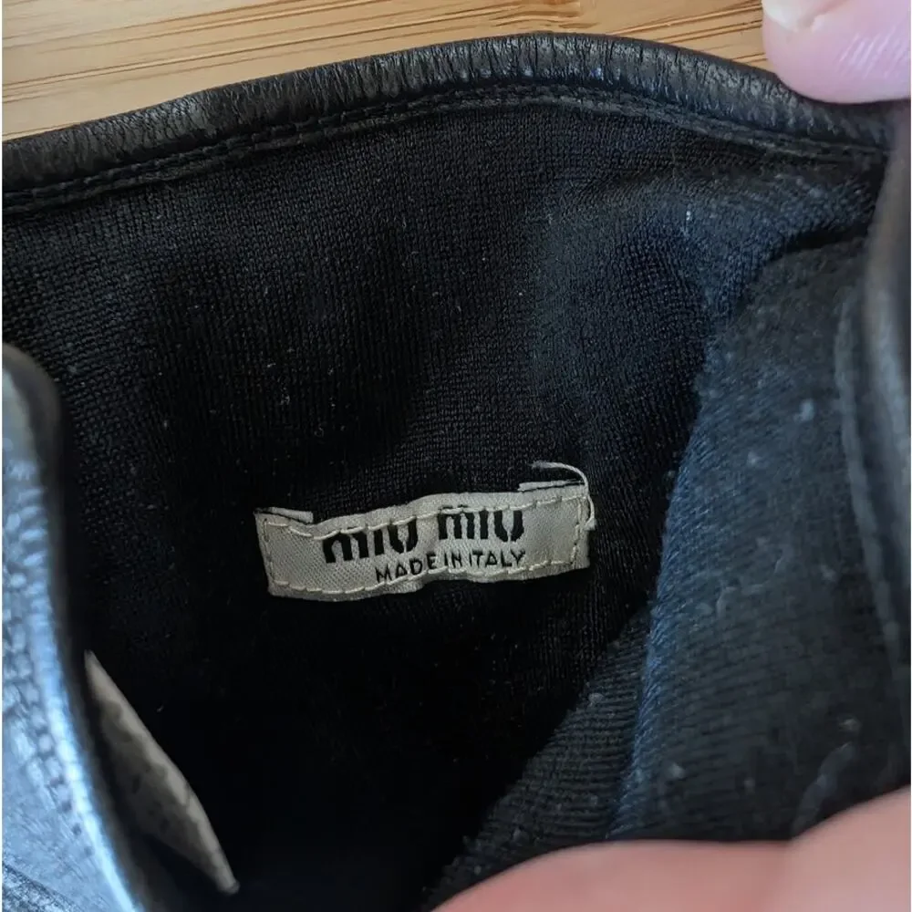 Miu Miu Black Leather 100% Lambskin Gold Buckle Strap Italy Logo Gloves